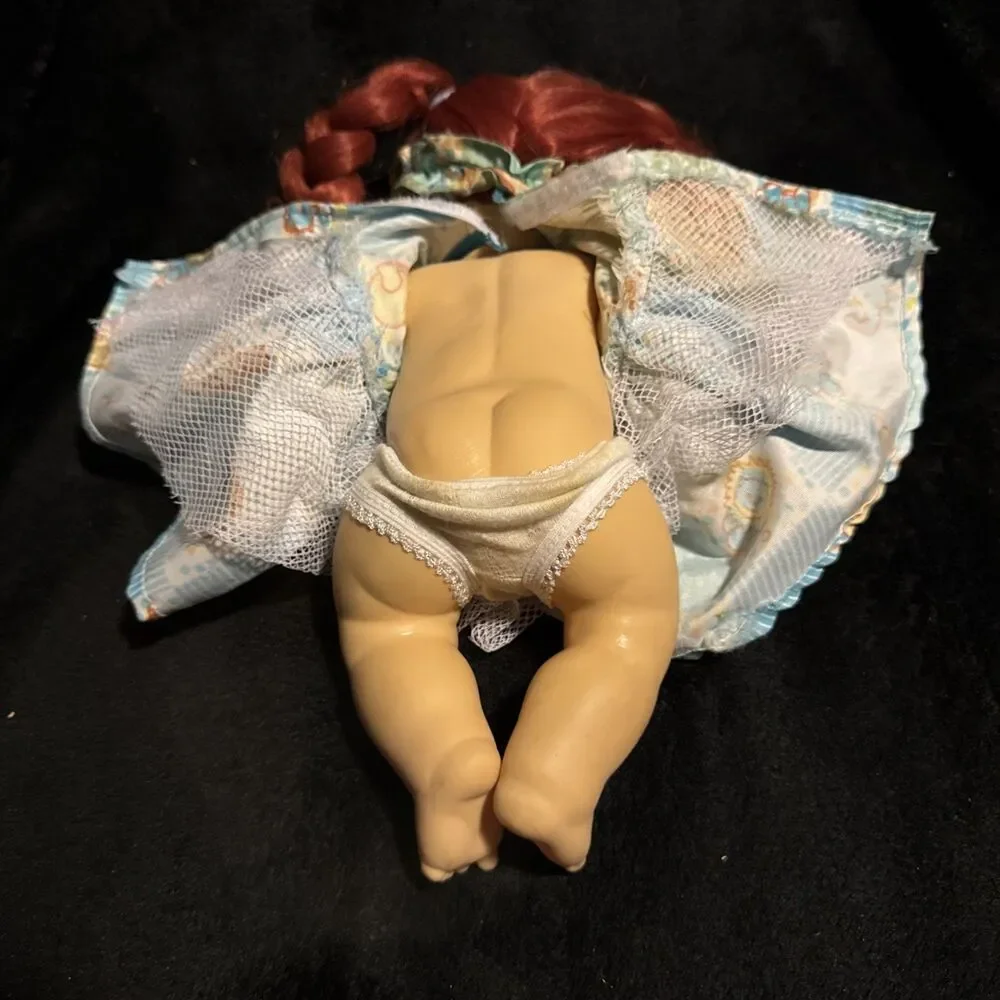 Vintage Redheaded Doll With Pigtails & Earings Blue Elephant Dress